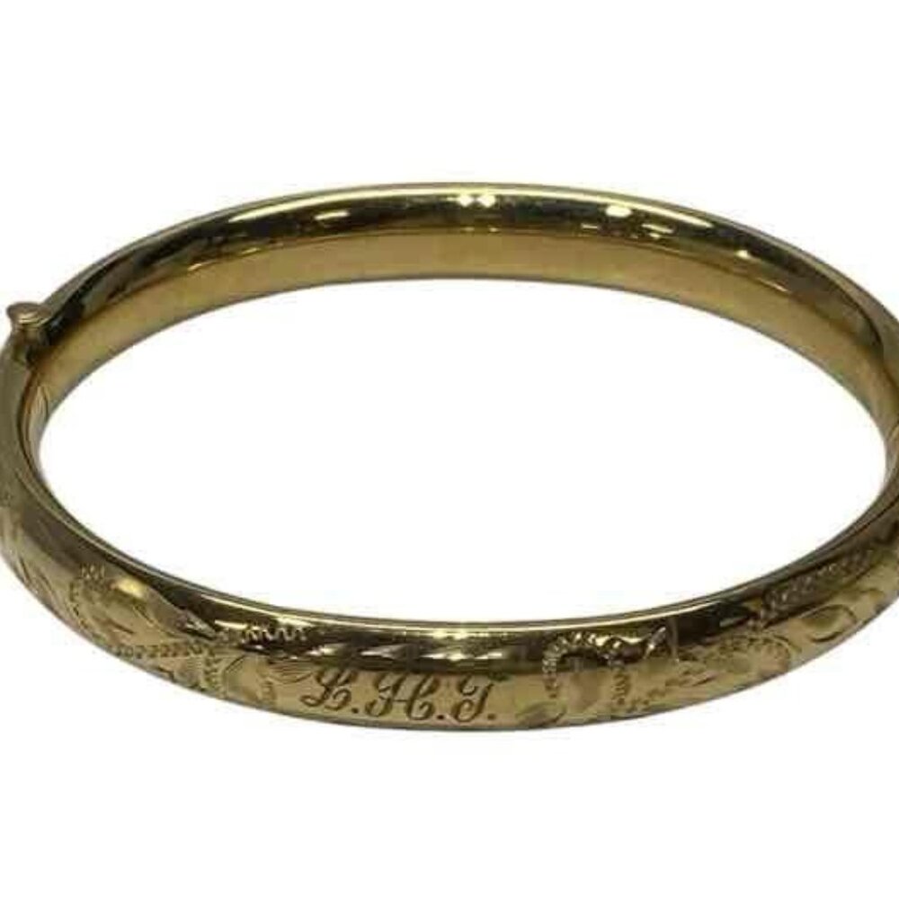 Vintage 14KT Gold Filled Floral & Initials Engraved Hinged Bangle Bracelet